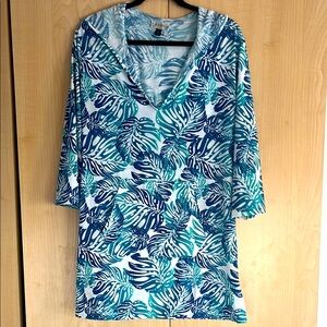 Blue and Green Swim Coverup with Tropical Print